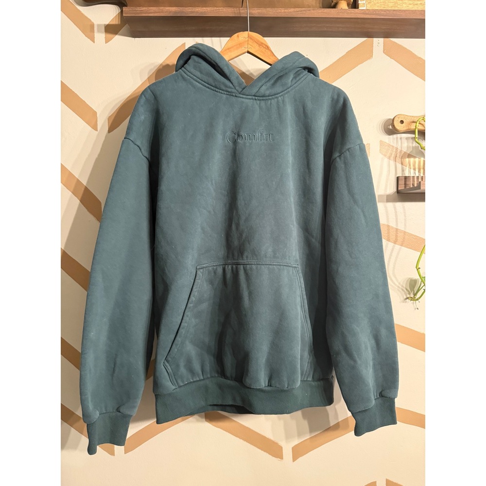 Comfrt Hoodie Women Size M Teal Blue Embroidered Logo‎ Fleece Sweatshirt